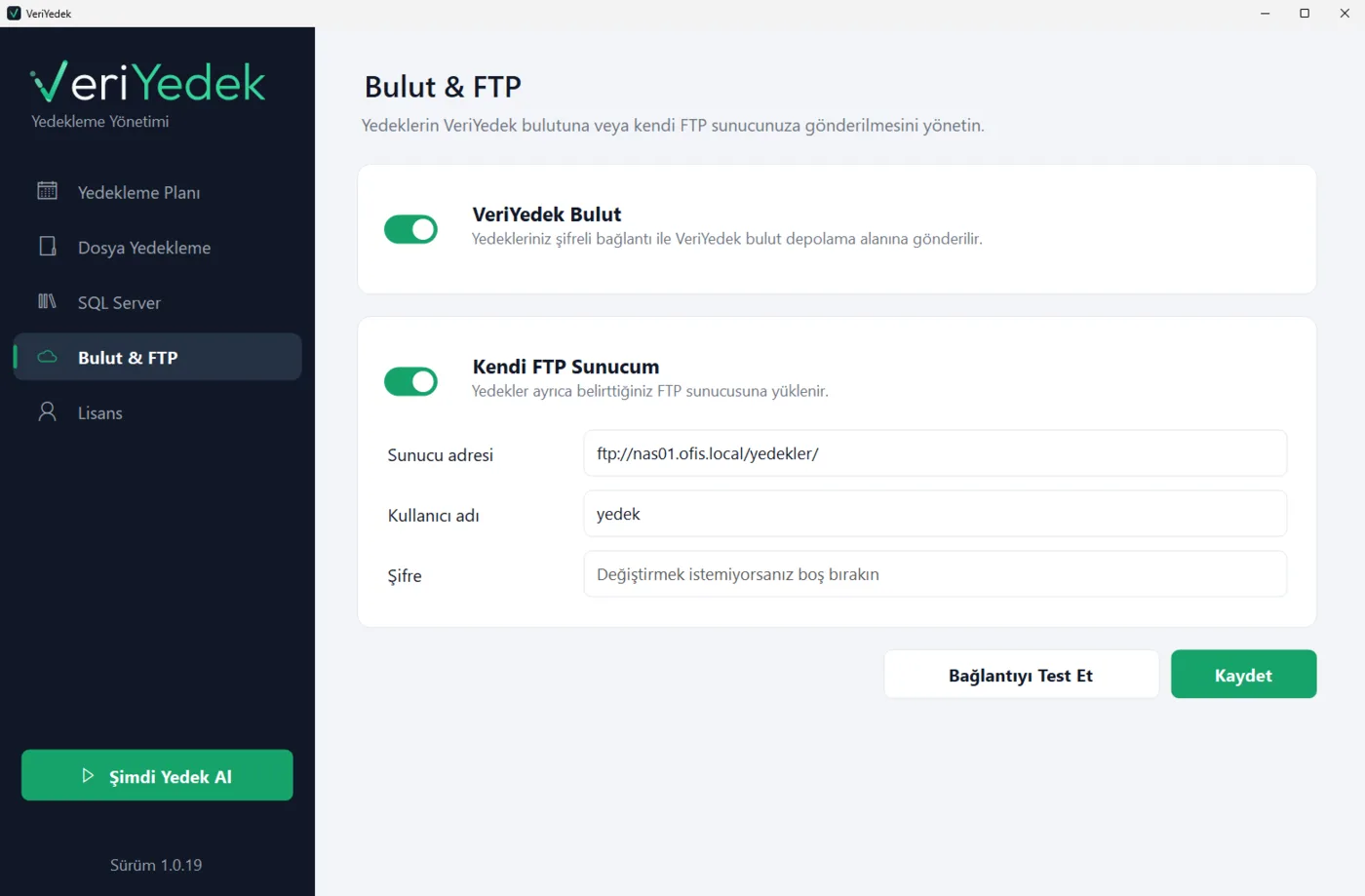 VeriYedek uygulaması – Bulut & FTP ekranı: VeriYedek bulutu ve kendi FTP sunucunuz aynı anda.