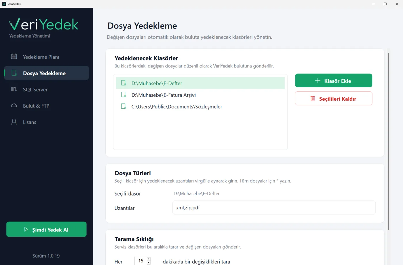 VeriYedek uygulaması – Dosya yedekleme ekranı: Klasör seçin, yedeklenecek uzantıları ve tarama sıklığını belirleyin.